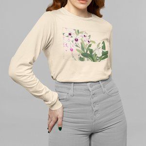 Pink Japanese Orchids VTG Ukyio-e Print Long Sleeve Graphic Tee T-shirt S M L XL